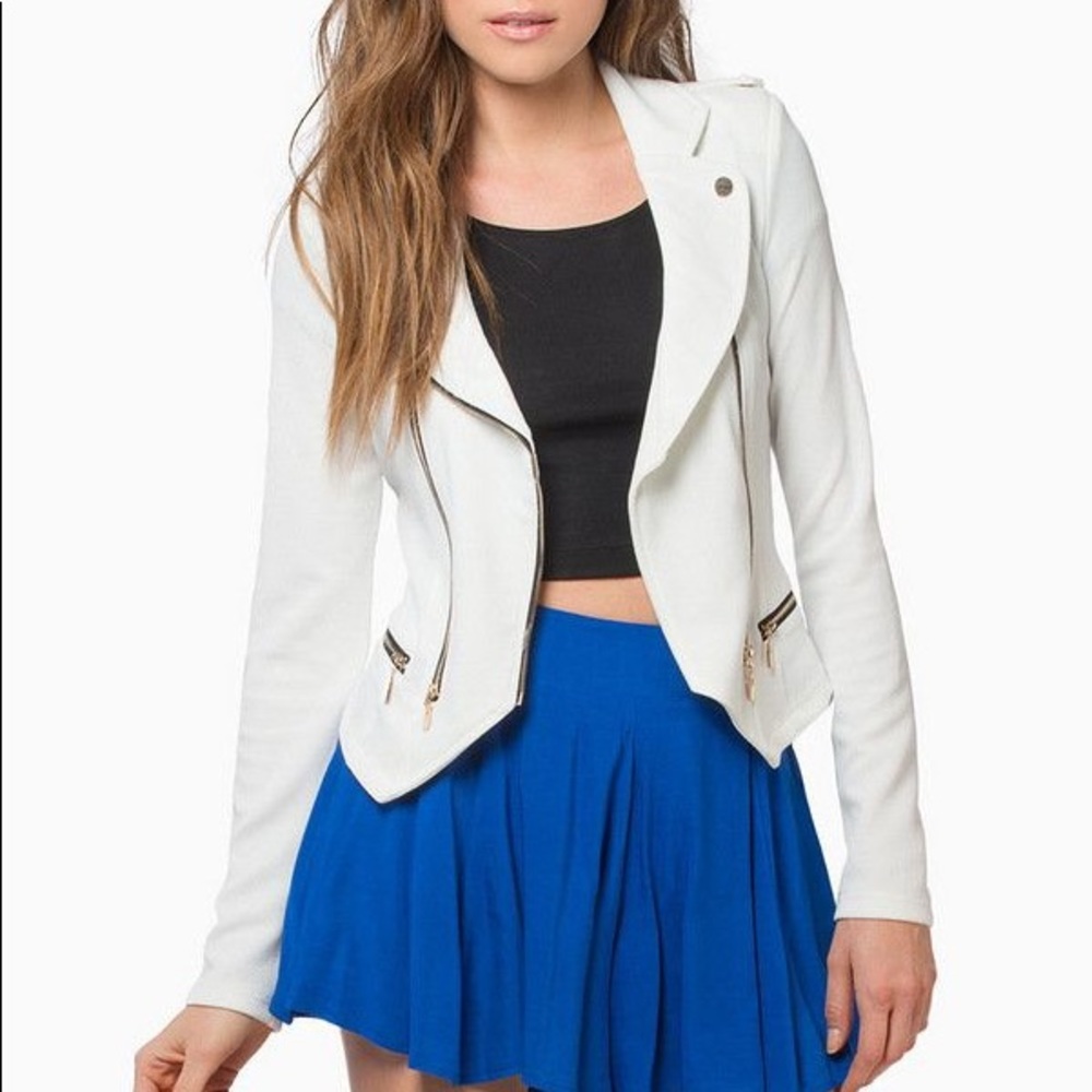 Tobi white moto jacket with gold details
